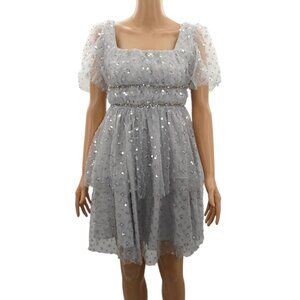 NWT Davika Boutique Silver Sequin Tulle Babydoll Dress S Coquette Fairycore